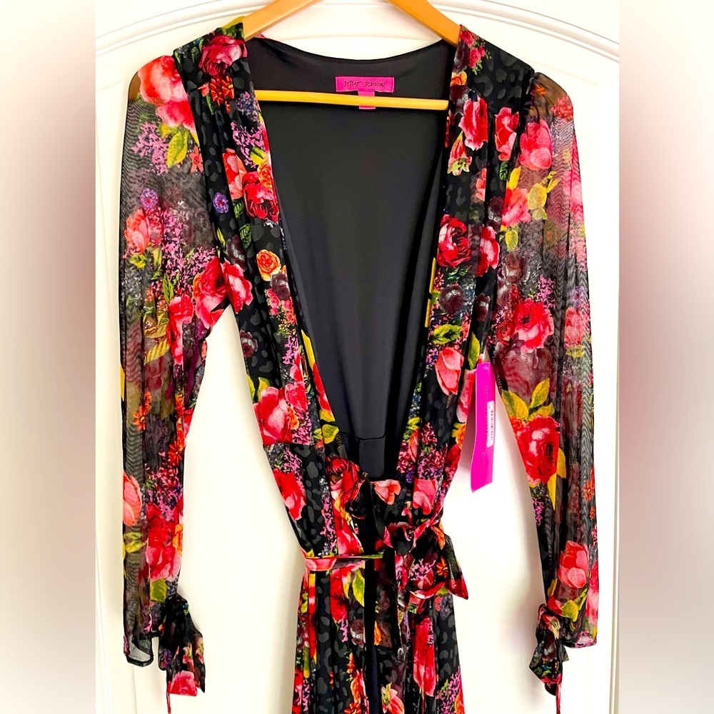 Betsey Johnson Black Floral Mesh Maxi Wrap Dress Ruffle Belted Long Sleeve 4